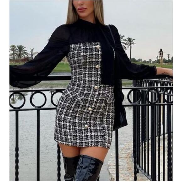 ZARA Tweed Dress Contrasting Sheer Long Sleeve Bow Back Structured Mini Dress - Picture 1 of 16